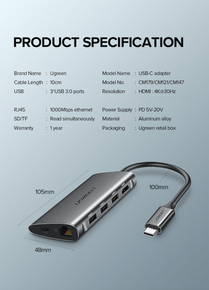 Переходник Ugreen 8-in-1 USB-C Hub Dock Station